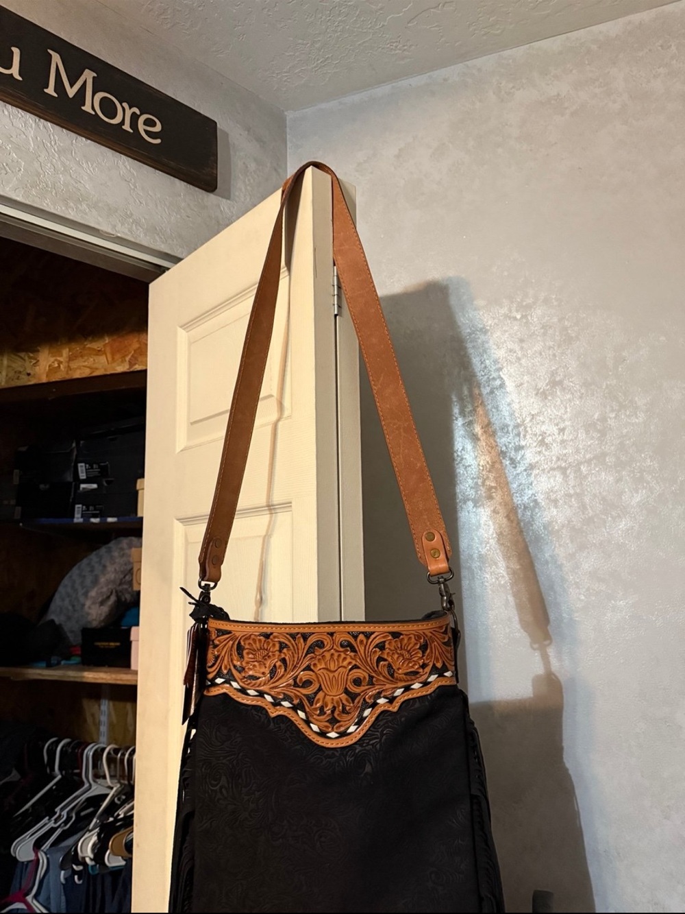American Darling Black Crossbody with Tan Tooled Trim
